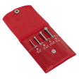 The Small Hole Gauge Set 4pc - AK10116 by Sealey is a red pouch containing four metal ball stylus tools, labeled A to D, each with different tip sizes for embossing and sculpting. These micrometer-compatible tools feature adjustable knurled handles for precise control.