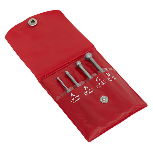 The Small Hole Gauge Set 4pc - AK10116 by Sealey is a red pouch containing four metal ball stylus tools, labeled A to D, each with different tip sizes for embossing and sculpting. These micrometer-compatible tools feature adjustable knurled handles for precise control.