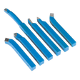 The Sealey Turning Set 6pc 10 x 10mm - AK1122 features high-quality metalworking lathe tools with various shaped tips, all arranged side by side in a sleek blue finish.
