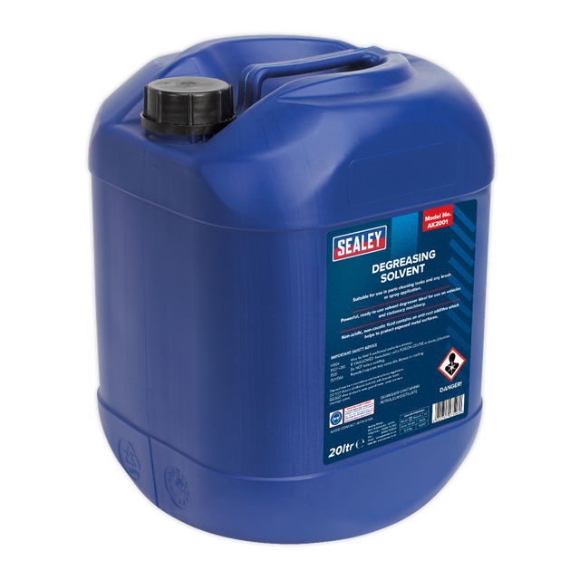 A 20L container of Sealey Degreasing Solvent (AK2001) in blue, ideal for use in a parts cleaning tank. It comes with a black lid and a printed label detailing specifications and warnings.