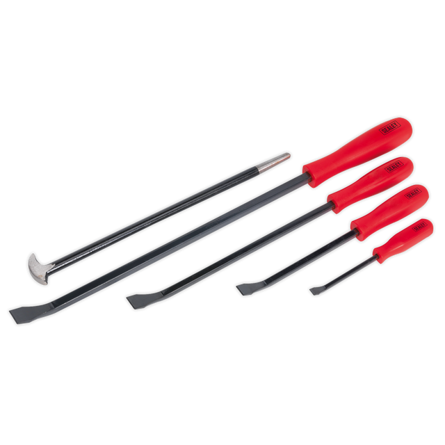 The Sealey Pry Bar/Heel Bar Set 5pc - AK20641 features five heavy-duty pry bars with red handles and metal shafts. These tools come in various sizes and have different tip shapes, ensuring durability and a lifetime guarantee.