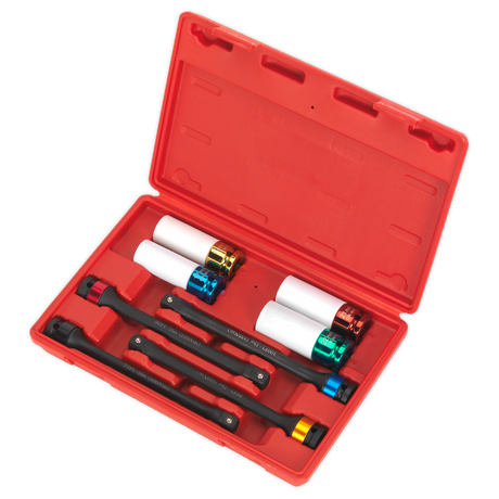 Introducing the Sealey Torque Stick & Aluminium Wheel Impact Socket Set 8pc 1/2"Sq Drive - AK2243: a red plastic case containing various tools, including four metallic torque sticks and three white cylindrical impact sockets, ideal for use with air and electric impact wrenches.