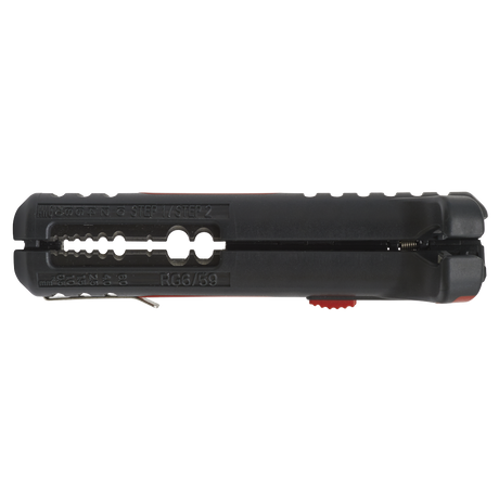 The Sealey Pocket Wire Stripping Tool with Retractable Blade - AK2291 is a black coaxial cable stripper featuring various gauge settings, a red adjustment wheel, and a safety lock, specifically designed for stripping RG6 and RG59 cables.