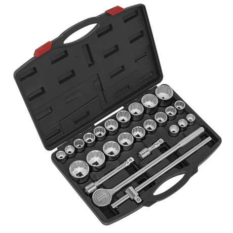 The Sealey Socket Set 26pc 3/4"Sq Drive 12-point WallDrive® - AK2582 is a black plastic case containing a meticulously arranged selection of metal socket wrenches and accessories, including various sized WallDrive sockets and extension bars. Ideal for professional use, the open case showcases all hand tools neatly displayed.