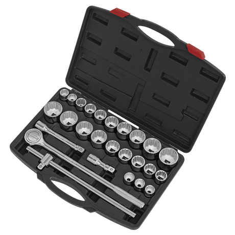 A black plastic toolbox from Sealey is open, showcasing the Socket Set 26pc 3/4"Sq Drive 12-point WallDrive® (AK2582) with a selection of socket wrenches and various WallDrive sockets meticulously organized inside, ideal for professional use.