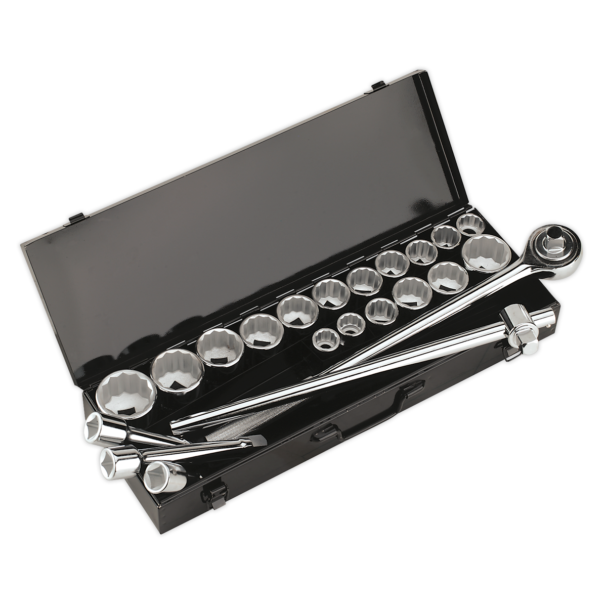 The Sealey Socket Set 22pc 3/4"Sq Drive 12-point WallDrive® - AK259/CRV includes a set of shiny socket wrenches and handles, made from durable Chrome Vanadium steel, organized in a black open tool case with Metric and Imperial sizes.
