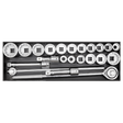 A set of Sealey Socket Set 22-piece 3/4" Square Drive 12-point WallDrive® - AK259/CRV, crafted from durable Chrome Vanadium steel, neatly arranged in a black case.