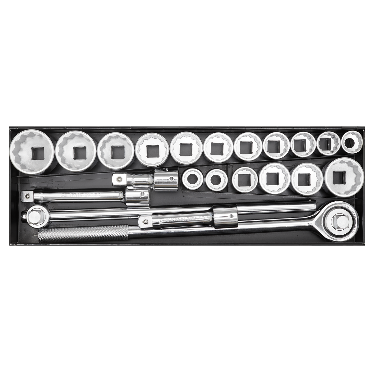 A set of Sealey Socket Set 22-piece 3/4" Square Drive 12-point WallDrive® - AK259/CRV, crafted from durable Chrome Vanadium steel, neatly arranged in a black case.