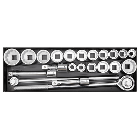 A set of Sealey Socket Set 22-piece 3/4" Square Drive 12-point WallDrive® - AK259/CRV, crafted from durable Chrome Vanadium steel, neatly arranged in a black case.