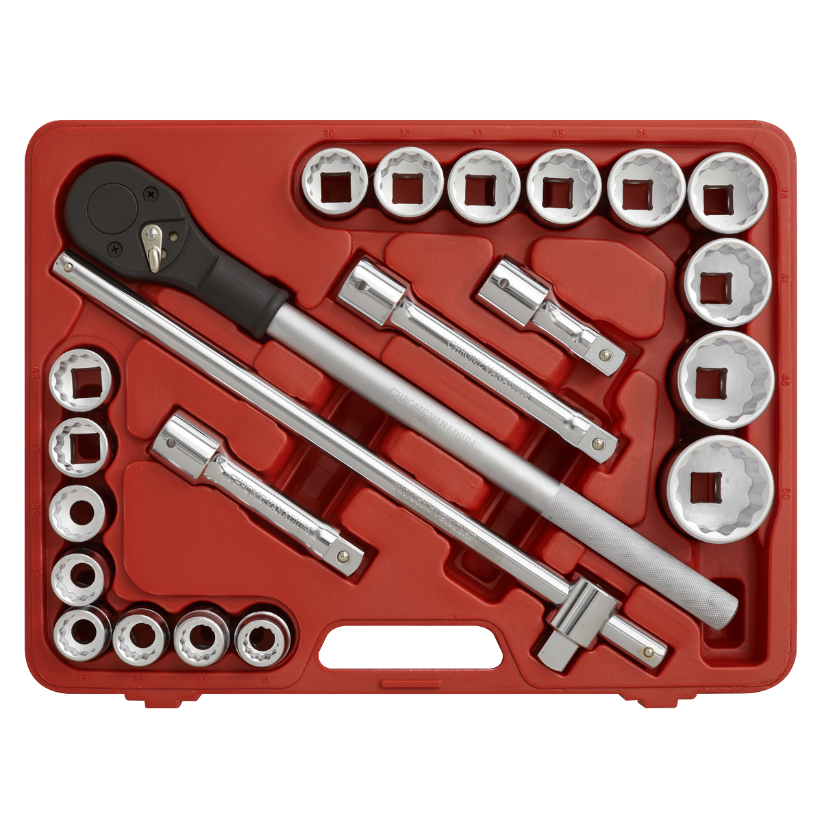 Introducing the Sealey Socket Set 22pc 3/4"Sq Drive 12-point WallDrive® Metric - AK2598, a red tool case housing an array of various-sized WallDrive sockets, a sturdy ratchet handle, extension bars, and a universal joint adapter, all crafted from durable Chrome Vanadium steel.