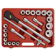 Introducing the Sealey Socket Set 22pc 3/4"Sq Drive 12-point WallDrive® Metric - AK2598, a red tool case housing an array of various-sized WallDrive sockets, a sturdy ratchet handle, extension bars, and a universal joint adapter, all crafted from durable Chrome Vanadium steel.