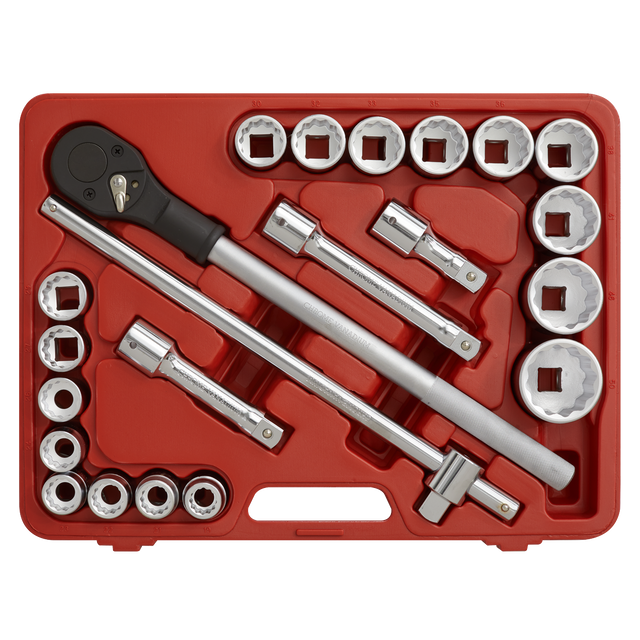 Introducing the Sealey Socket Set 22pc 3/4"Sq Drive 12-point WallDrive® Metric - AK2598, a red tool case housing an array of various-sized WallDrive sockets, a sturdy ratchet handle, extension bars, and a universal joint adapter, all crafted from durable Chrome Vanadium steel.