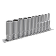 The Sealey Socket Set 11pc 1/4"Sq Drive Deep WallDrive® Imperial - AK2671 consists of eleven chrome vanadium steel socket wrenches arranged on a metal rail, each progressively larger from left to right, and features Premier Hand Tools' WallDrive configuration for enhanced grip.