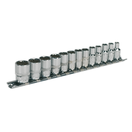 The Sealey Socket Set 13pc 1/4"Sq Drive 12pt WallDrive® Metric (AK2680) includes twelve chrome vanadium steel socket wrenches, neatly organized by size on a sleek black rack, and equipped with WallDrive technology for optimal performance. This robust set is backed by a lifetime guarantee.