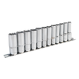 A set of twelve Sealey Socket Set 12pc 3/8"Sq Drive 12pt Deep WallDrive® Metric - AK2683 chrome socket wrenches, crafted from Chrome Vanadium steel, arranged in ascending size order on a metal organizer.
