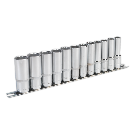 A set of twelve Sealey Socket Set 12pc 3/8"Sq Drive 12pt Deep WallDrive® Metric - AK2683 chrome socket wrenches, crafted from Chrome Vanadium steel, arranged in ascending size order on a metal organizer.