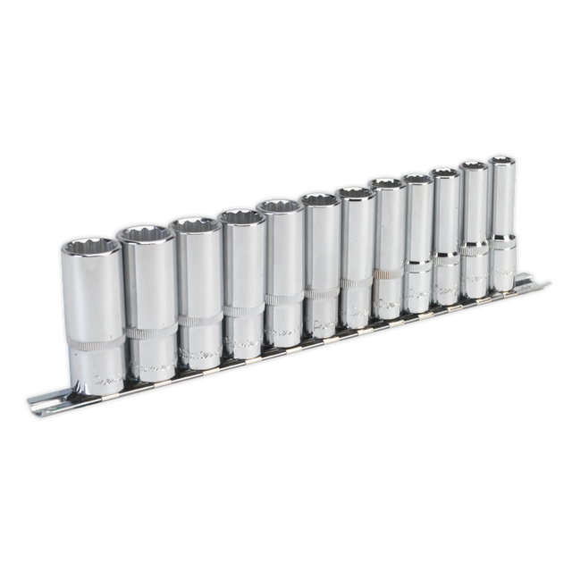 A set of twelve Sealey Socket Set 12pc 3/8"Sq Drive 12pt Deep WallDrive® Metric - AK2683 chrome socket wrenches, crafted from Chrome Vanadium steel, arranged in ascending size order on a metal organizer.
