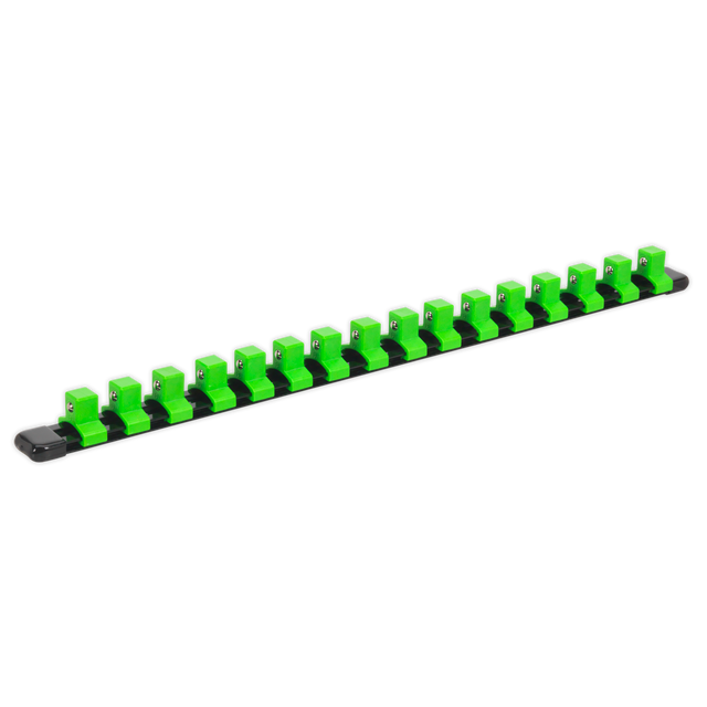 A row of Sealey Socket Retaining Rail with 16 Clips 1/2"Sq Drive - Hi-Vis Green (AK27054HV) and black electrical units mounted on an aluminium socket rail with high-visibility green nylon clips.