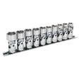 A set of ten Sealey Universal Joint Socket wrenches, featuring a 3/8" square drive and 6pt WallDrive® metric design, made from durable Chrome Vanadium steel and organized on a sleek black metal rack.