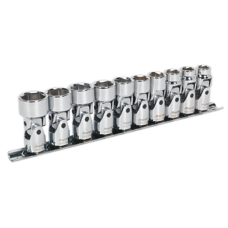 A set of ten Sealey Universal Joint Socket wrenches, featuring a 3/8" square drive and 6pt WallDrive® metric design, made from durable Chrome Vanadium steel and organized on a sleek black metal rack.