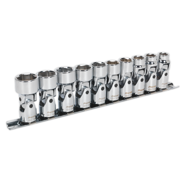 A set of ten Sealey Universal Joint Socket wrenches, featuring a 3/8" square drive and 6pt WallDrive® metric design, made from durable Chrome Vanadium steel and organized on a sleek black metal rack.