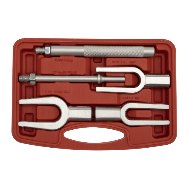 A red plastic case containing the Sealey Ball Joint Splitter Kit 5pc - AK273, which includes three forked separators and one handle, is perfect for small cars.