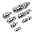 The Sealey Universal Joint & Socket Adaptor Set 7pc 1/4", 3/8" & 1/2"Sq Drive - AK2737, featuring a selection of chrome socket adapters and universal joints made from Chrome Vanadium steel, is displayed on a white background.