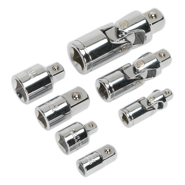 The Sealey Universal Joint & Socket Adaptor Set 7pc 1/4", 3/8" & 1/2"Sq Drive - AK2737, featuring a selection of chrome socket adapters and universal joints made from Chrome Vanadium steel, is displayed on a white background.