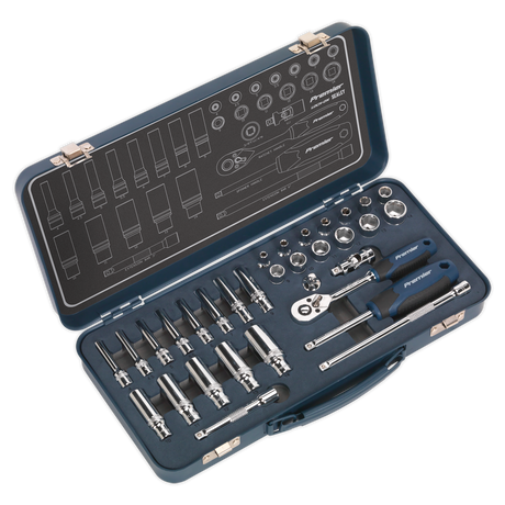 The Sealey Socket Set 32pc 1/4"Sq Drive Lock-On™ 6pt Metric (AK27480) comes in a black hard case, featuring Chrome Vanadium steel sockets, various wrenches, and bits organized in designated slots. This Premier Hand Tools set includes a 48-tooth ratchet wrench and a diagram on the inside of the lid showing tool placement.