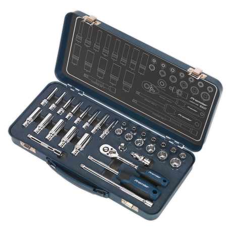 The Socket Set 32pc 1/4"Sq Drive Lock-On™ 6pt Metric - AK27480 from Sealey boasts a set of wrenches, a 48-tooth ratchet wrench, Chrome Vanadium steel sockets, and other tools neatly arranged inside.