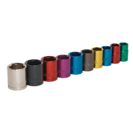 Multi-Coloured Socket Set 10pc 3/8"Sq Drive 6pt WallDrive® Metric - AK285 - Farming Parts