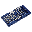 The Sealey Tap & Die Set 17pc Metric - AK321 comes in a blue plastic case and includes high-quality carbon steel taps, dies, an adjustable tap wrench, handles, and a thread gauge, all neatly organized in molded compartments.