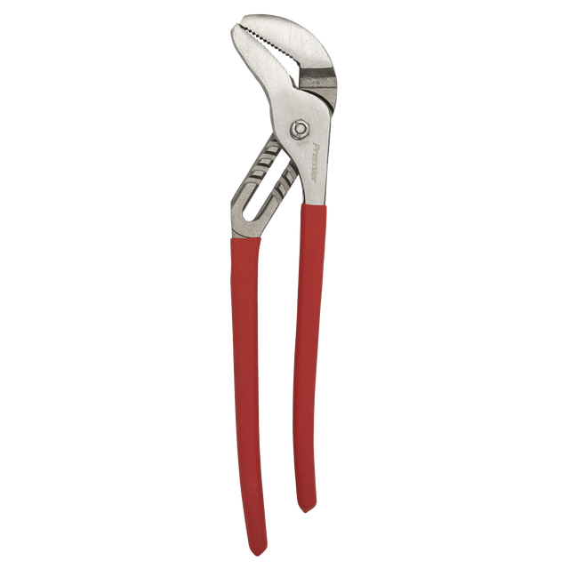 A pair of Sealey Water Pump Pliers 400mm - AK370 with red rubber-coated handles and a metal gripping head made from Chrome Vanadium steel for enhanced corrosion resistance.