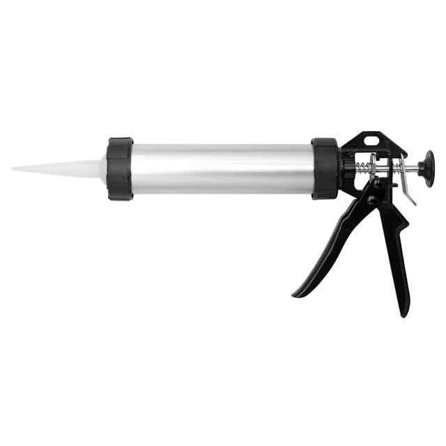 The Sealey Caulking Gun for 400ml Sausage Packs & 310ml Cartridges (model AK3801), featuring an aluminium tube and a black handle, is displayed against a white background.