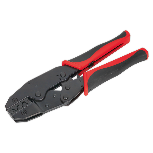 The Sealey Ratchet Crimping Tool Non-Insulated Terminals - AK3852 is a black and red tool with steel construction, featuring a ratcheting mechanism designed for crimping electrical connectors.