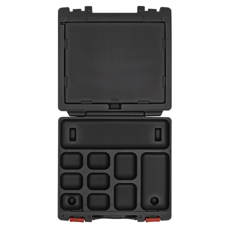 Open the Sealey Storage Case for AK3857 & AK3858 with 25 compartments for neat organization, featuring a secure latch mechanism.