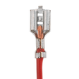 Close-up view of a red electrical wire terminated with a crimp connector, showing exposed copper strands at the connection point, securely fastened using Sealey's Open Barrel Crimping Jaws - AK3858/C for a reliable electrical connection.