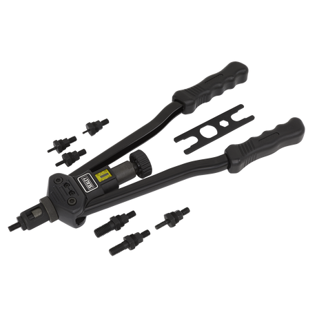 The Long-Arm Threaded Nut Riveter - AK3985 by Sealey, displayed on a white background, features the hand tool with long arms, multiple interchangeable mandrels, an adjustable stroke scale, and a wrench.