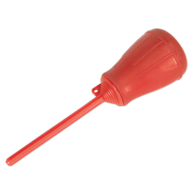 The Sealey Battery Fluid Filler - AK4124, featuring a red rubber bulb and an elongated narrow tip, is expertly designed for suction or irrigation purposes, making it an efficient fluid transfer tool.