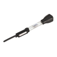 The Sealey Ethylene Glycol Antifreeze Tester Tube Type - AK413 is a black and clear plastic automotive battery hydrometer equipped with a scale indicator, a nozzle for drawing battery fluid, and an integrated thermometer to check ethylene glycol strength.