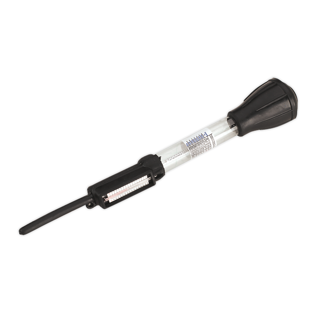 The Sealey Ethylene Glycol Antifreeze Tester Tube Type - AK413 is a black and clear plastic automotive battery hydrometer equipped with a scale indicator, a nozzle for drawing battery fluid, and an integrated thermometer to check ethylene glycol strength.