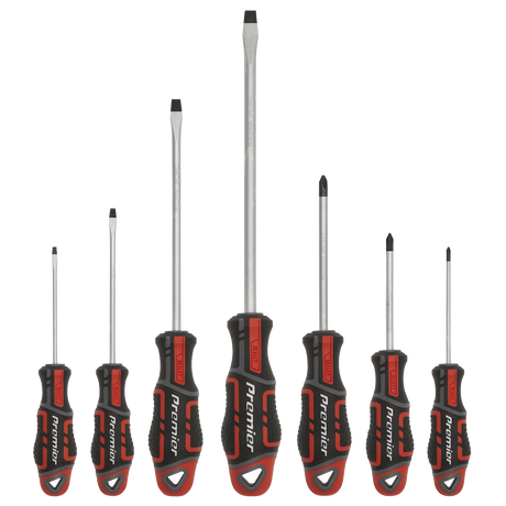 The Sealey Screwdriver Set 7pc GripMAX® - Red - AK4321 features seven screwdrivers with black and red ergonomic handles in various sizes and types, including both flathead and Phillips heads. Crafted from durable Chrome Vanadium steel, this premier hand tool set guarantees quality and comfort for all your projects.