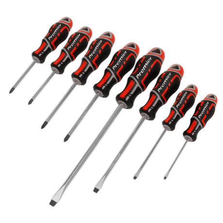 The Sealey Screwdriver Set 8pc GripMAX® - Red (AK4322) features ergonomic black and red handles, each marked with "Premier Hand Tools" for added durability. The screwdrivers are crafted from Chrome Vanadium and provided in varying sizes for versatility.