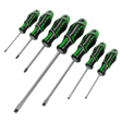 A set of seven Sealey Screwdrivers, the GripMAX® Hi-Vis Green AK4325HV, crafted from Chrome Vanadium steel and featuring ergonomic handles, are arranged in a row.