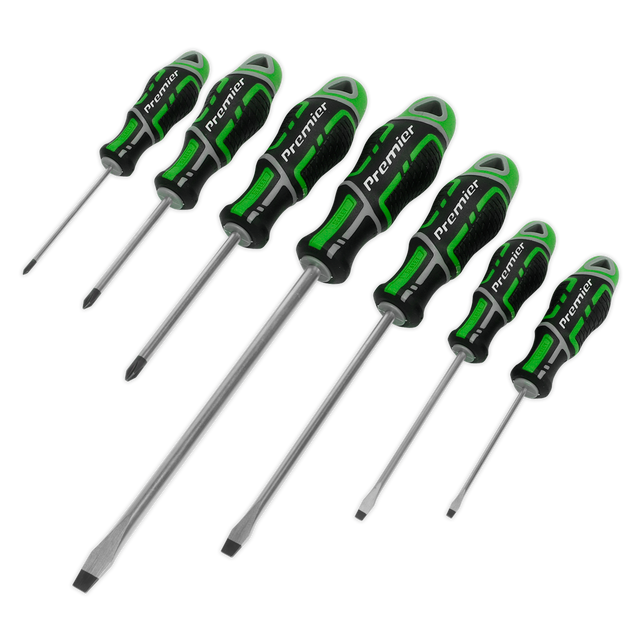 A set of seven Sealey Screwdrivers, the GripMAX® Hi-Vis Green AK4325HV, crafted from Chrome Vanadium steel and featuring ergonomic handles, are arranged in a row.