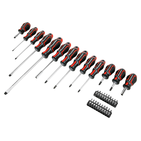 The Screwdriver & Bit Set 33pc GripMAX® - AK4370 by Sealey includes a wide assortment of sizes and types, complete with black and red ergonomic handles for comfort. Constructed from durable Chrome Vanadium steel, this Premier Hand Tools set is neatly organized to provide both versatility and ease of use for all your needs.