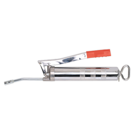 The Sealey Side Lever Grease Gun 3-Way Fill - AK443, distinguished by its metallic build, die-cast pump head, red handle, and bent nozzle end, lies horizontally on a white background.