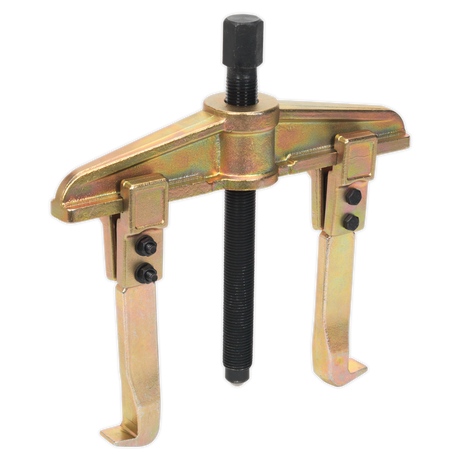 A heavy-duty Twin Leg Puller Bar Type 200 x 150mm - AK46200 from Sealey, this metallic two-jaw gear puller tool is made from Chrome Vanadium steel and features a central threaded spindle along with adjustable arms, making it ideal for removing gears or pulleys from shafts with excellent corrosion resistance.