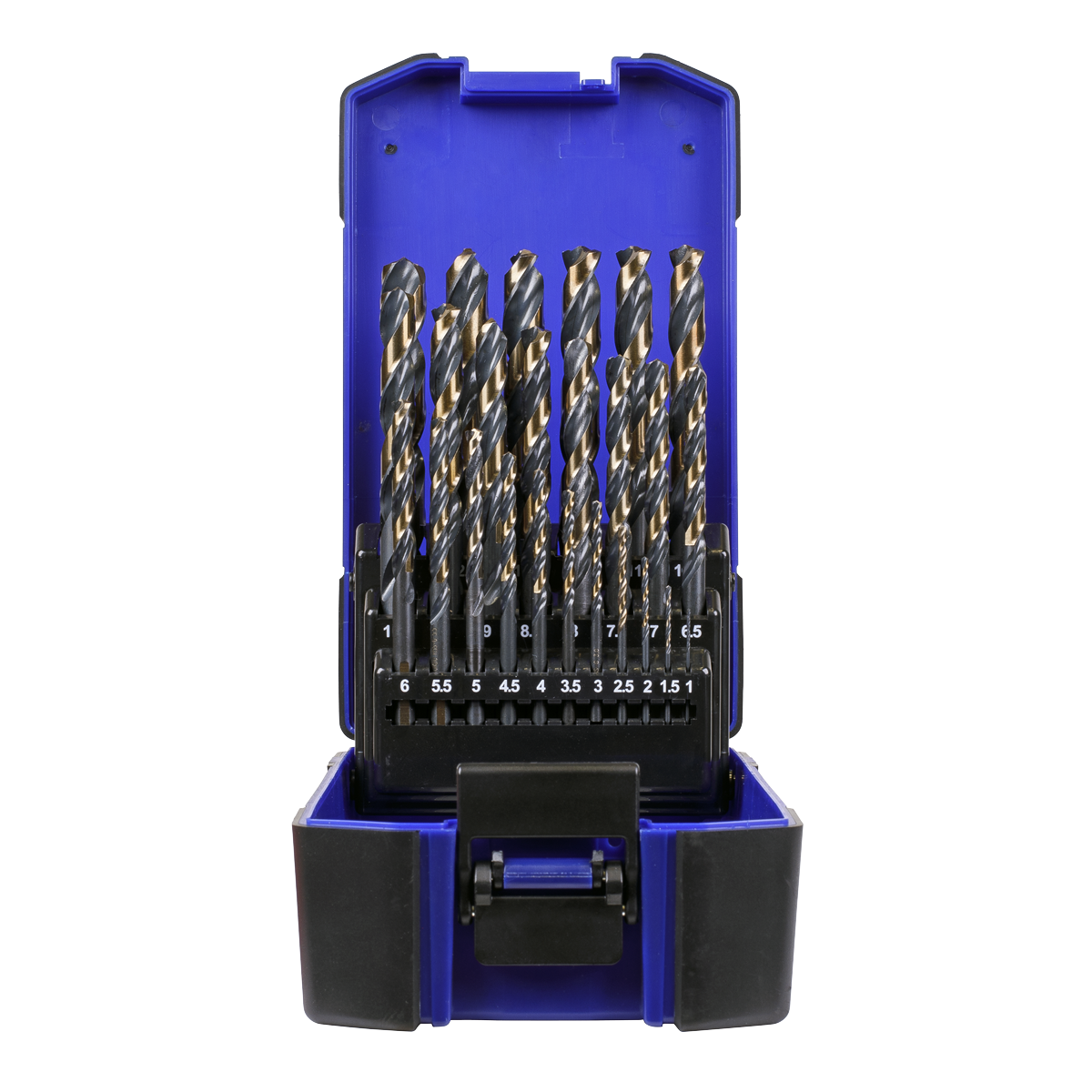 The Sealey Drill Bit Set 25pc HSS Tri-Point - AK4706, featuring multiple-sized drill bits with self-centering tips for precision, is organized in a blue plastic case with a black latch.