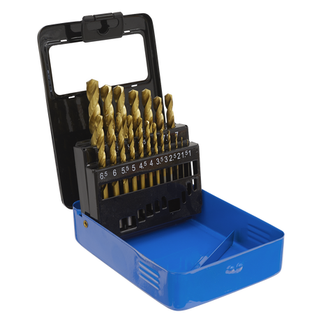 A blue case for the Sealey HSS Fully Ground Drill Bit Set 19pc DIN 338 Metric - AK4719 with an open lid displays various sizes of drill bits arranged in ascending order, featuring a 135° split point for precision drilling.